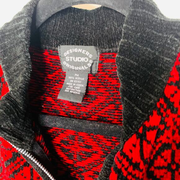 Vintage Chenille Zip Front Sweater Fair Isle Design Sz Medium Red - Picture 4 of 5